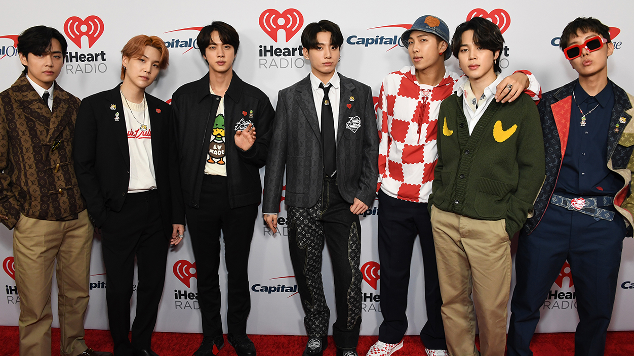 INGLEWOOD, CALIFORNIA - DECEMBER 03: (L-R) V, Suga, Jin, Jungkook, RM, Jimin, and J-Hope of BTS attend 102.7 KIIS FM's Jingle Ball 2021 Presented By Capital One at The Forum on December 03, 2021 in Inglewood, California. (Photo by Jon Kopaloff/WireImage)